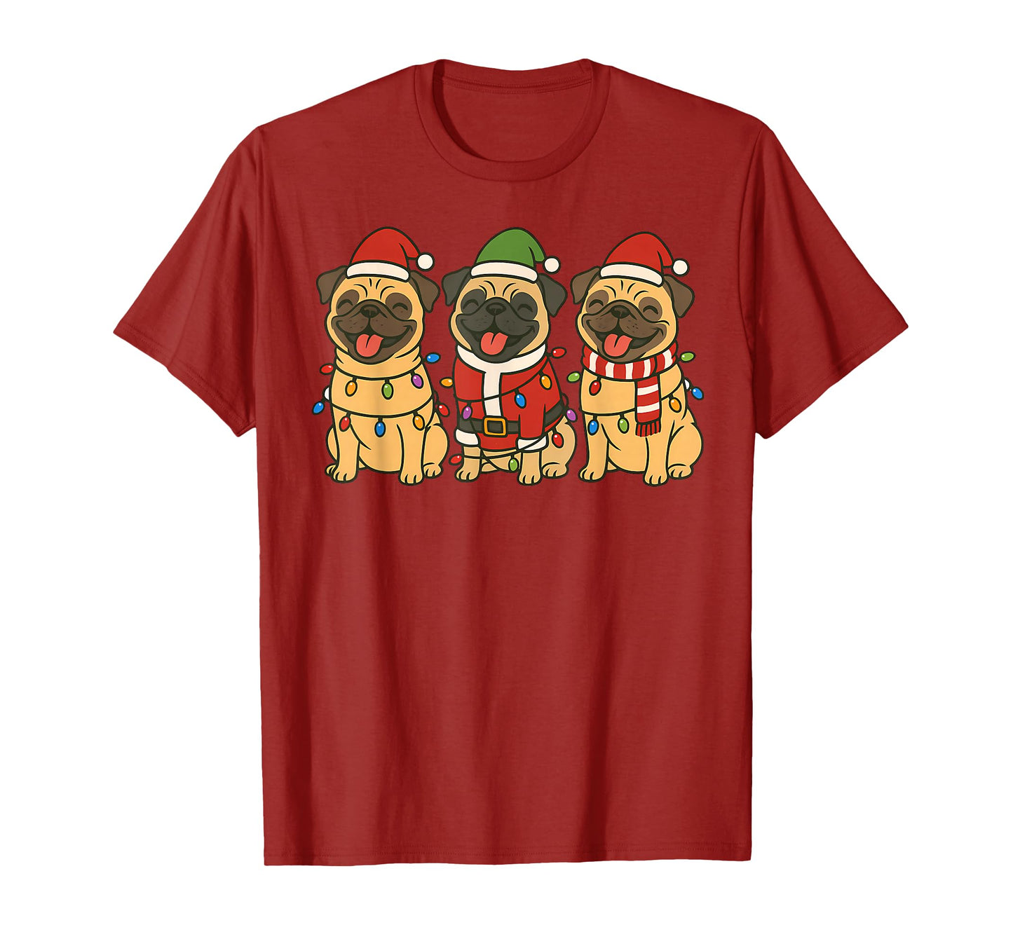 Cute Pug Dogs Christmas Lights Santa Holiday Fun Men Women T-Shirt