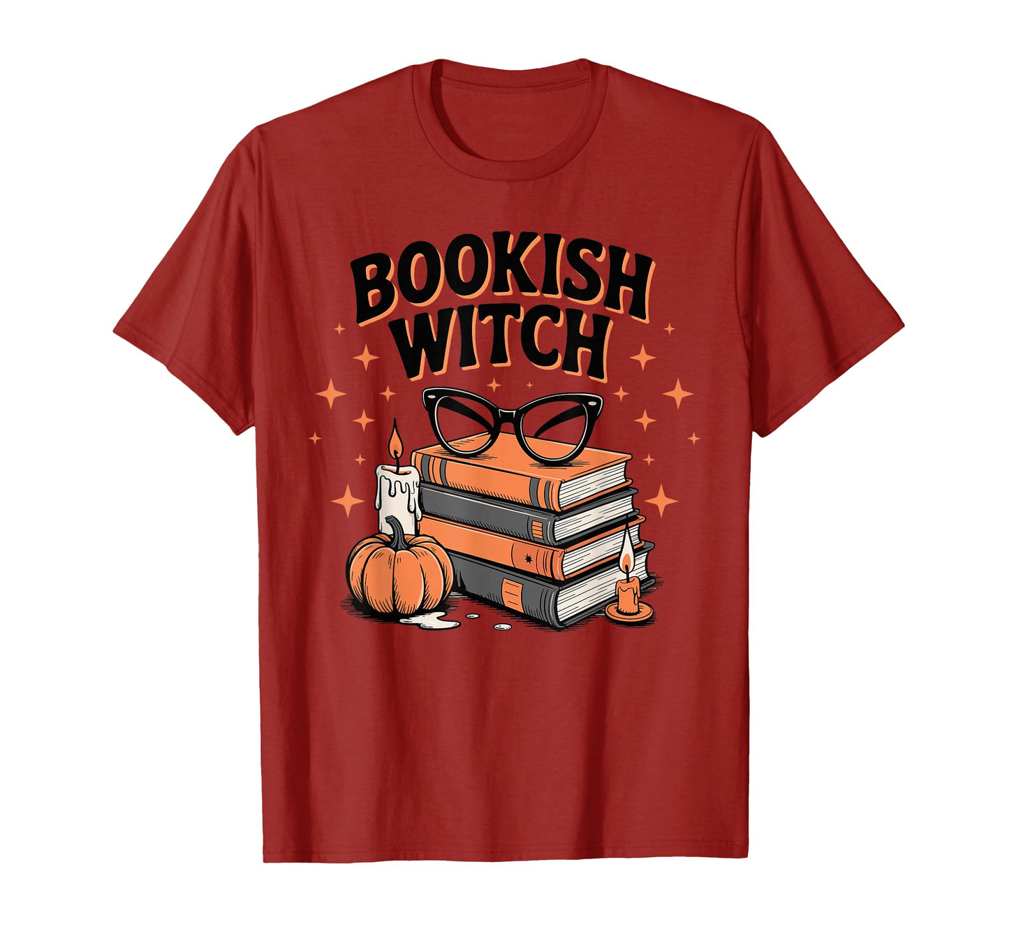Bookish Witch Glasses Books Pumpkin Candles Scene T-Shirt