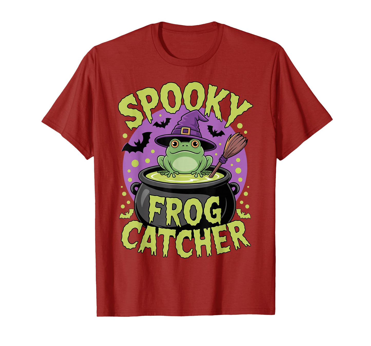 Kawaii Frog Witch with Bats and Cauldron Halloween T-Shirt