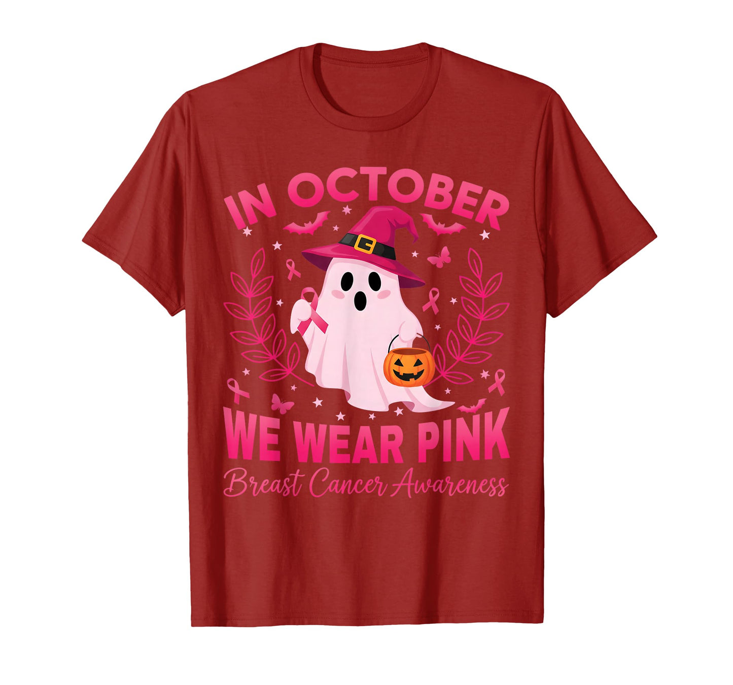 in October We Wear Pink Ghost Witch Breast Cancer Awareness T-Shirt