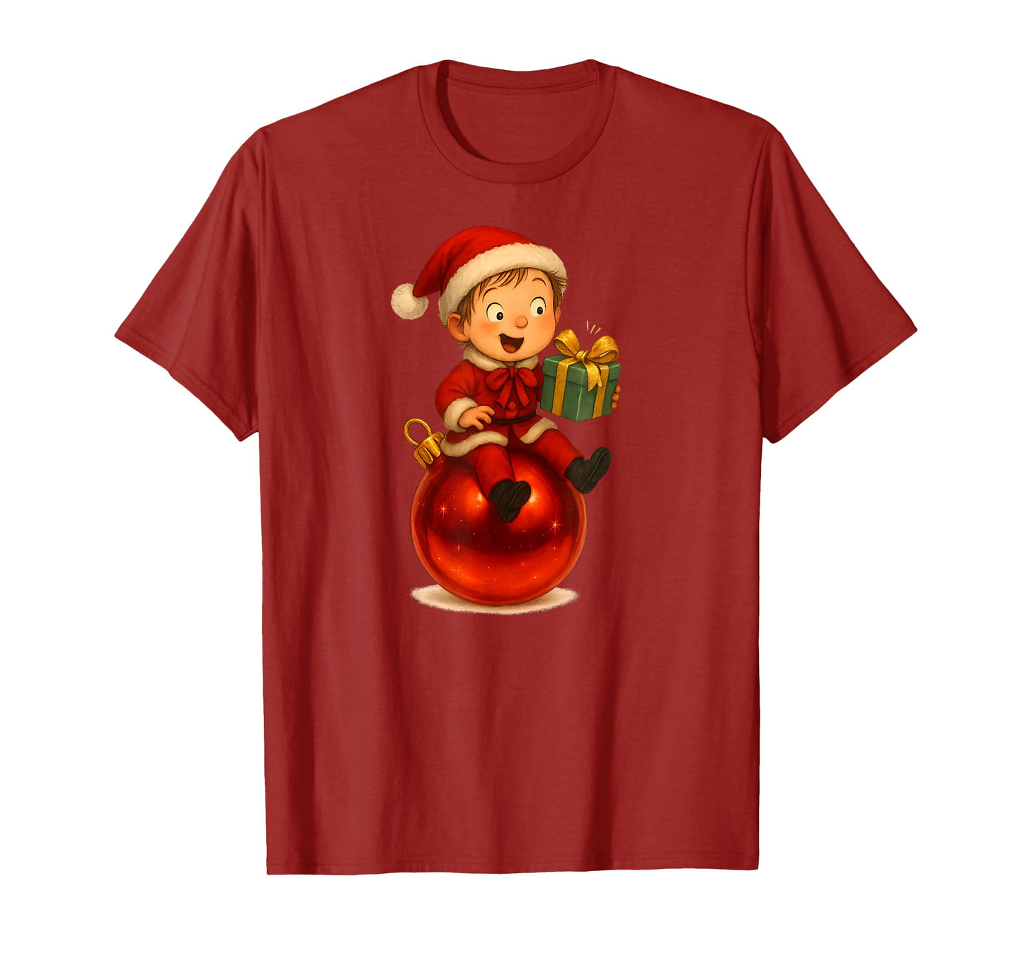 Christmas Holiday Kid in Santa Costume on Giant Red Ornament T-Shirt