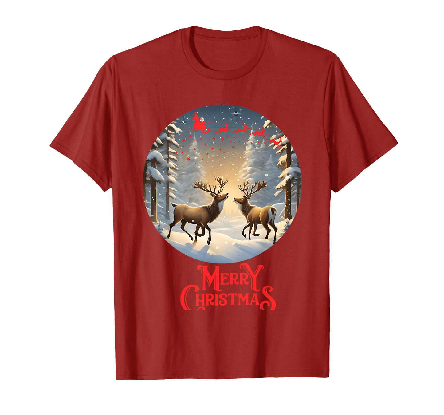 Merry Christmas Reindeers Santa Sleigh Cute T-Shirt