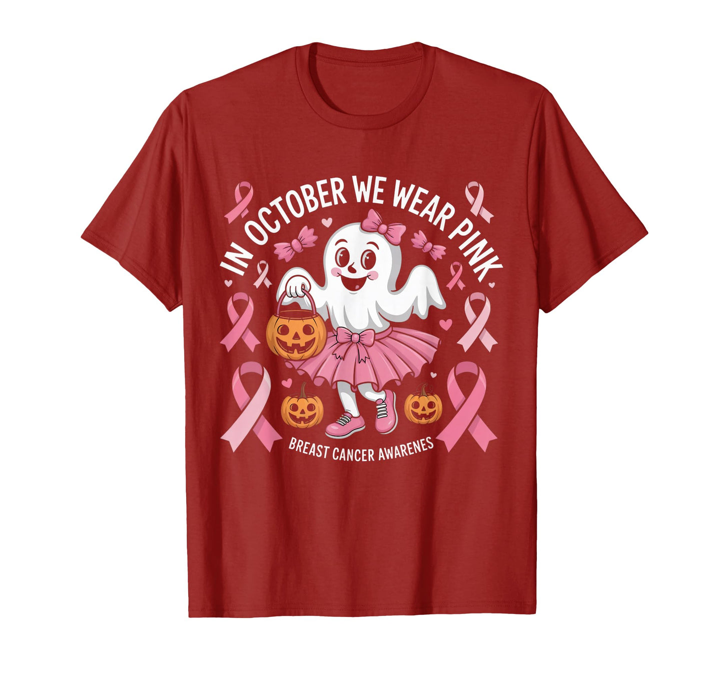 in October We Wear Pink Ghost Witch Breast Cancer Awareness T-Shirt