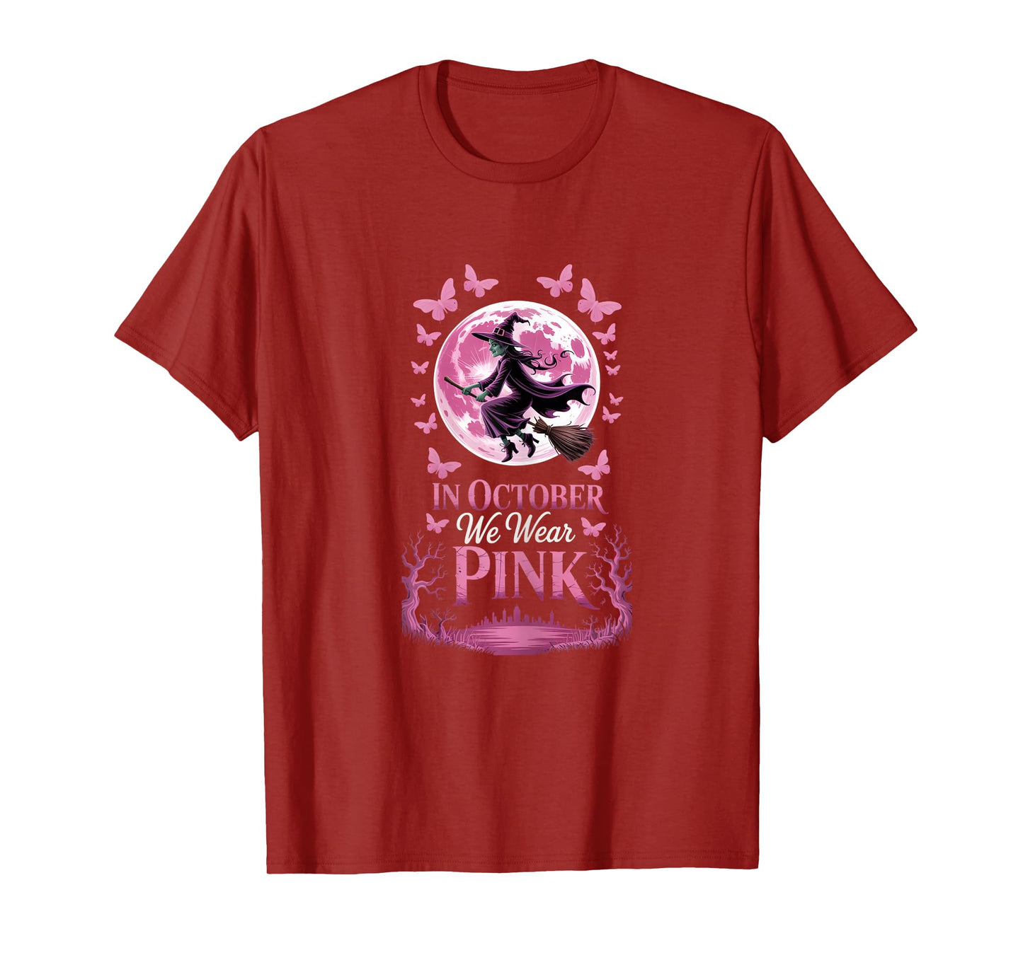 in October We Wear Pink Breast Cancer Awareness Witch T-Shirt