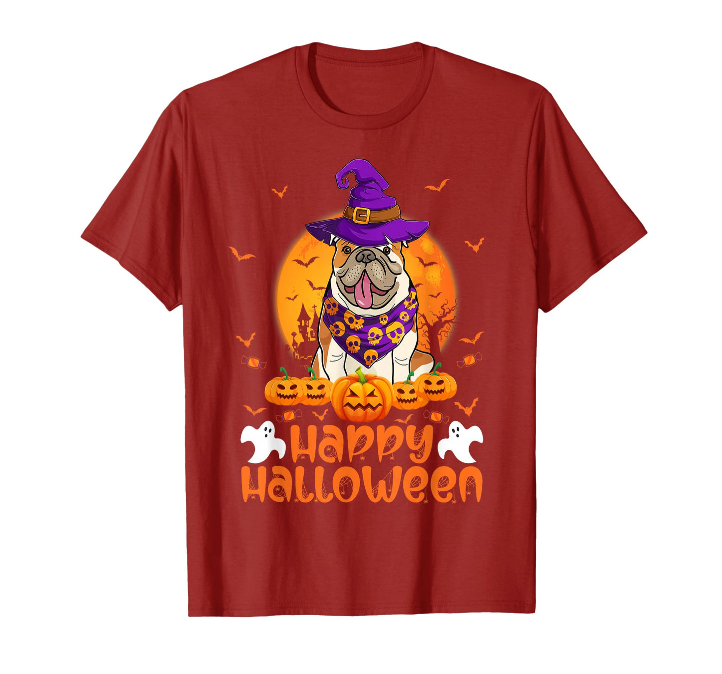 Vintage Pumpkin English Bulldog Funny Dog Witch Halloween T-Shirt