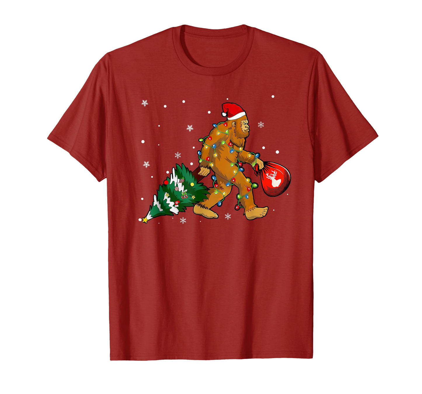 Bigfoot Christmas Tree Lights Xmas Boys Men Sasquatch Lovers T-Shirt