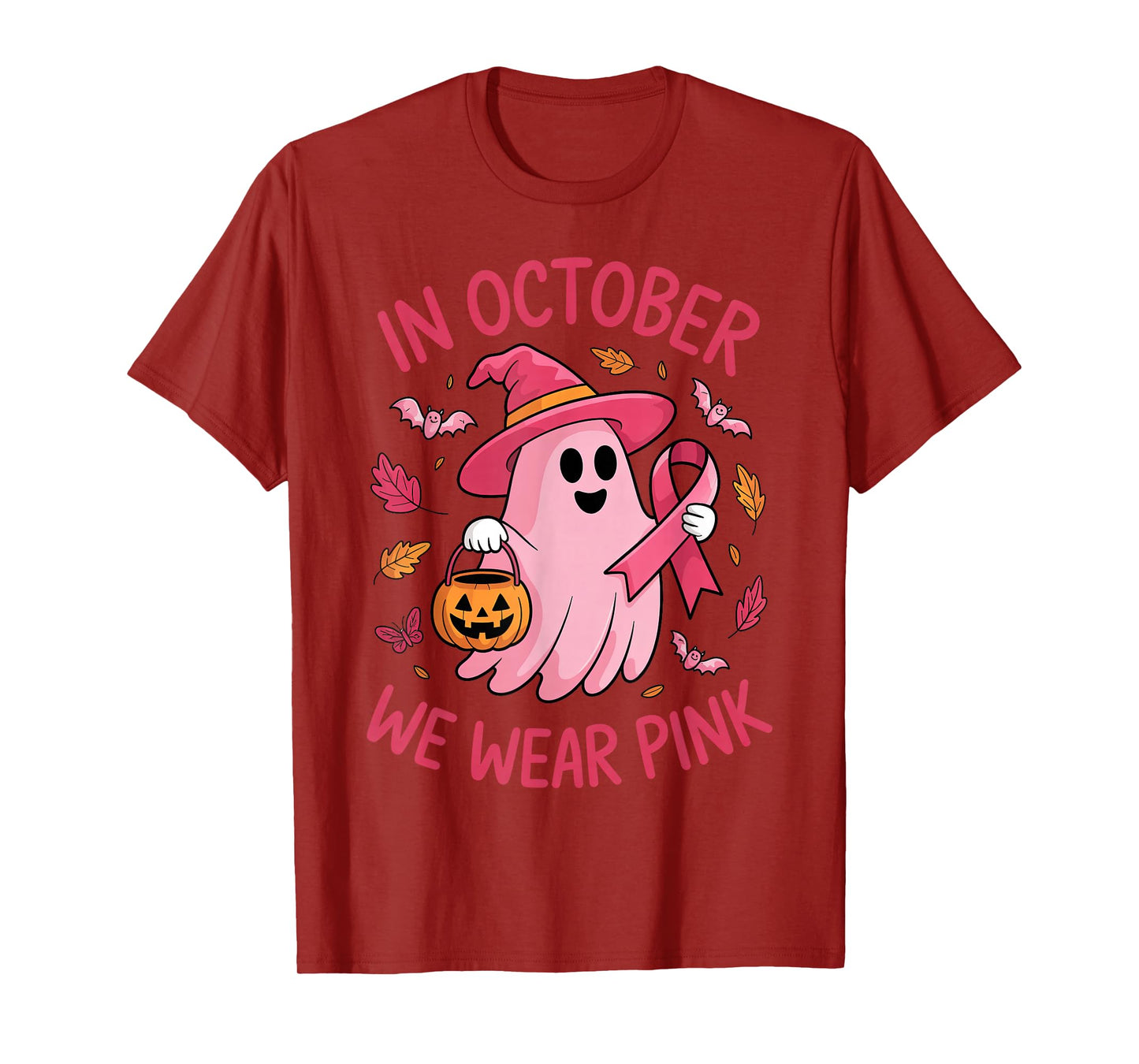 in October We Wear Pink Ribbon Breast Cancer Ghost Witch Hat T-Shirt