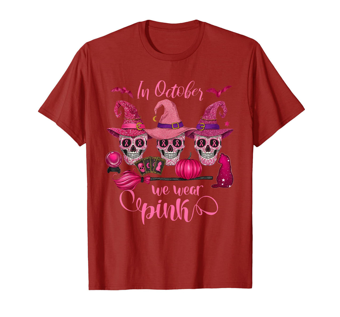 in October We Wear Pink Ribbon Witch Halloween Breast Cancer T-Shirt