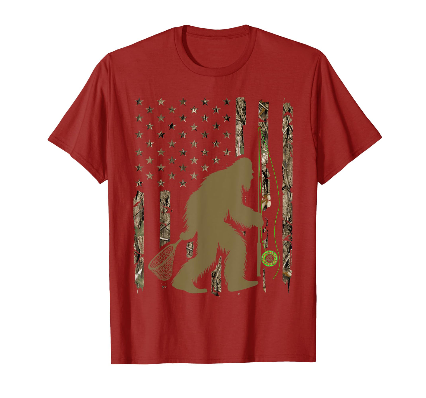 Bigfoot Fly Fishing Sasquatch American Flag Tree Camouflage T-Shirt for Women Men