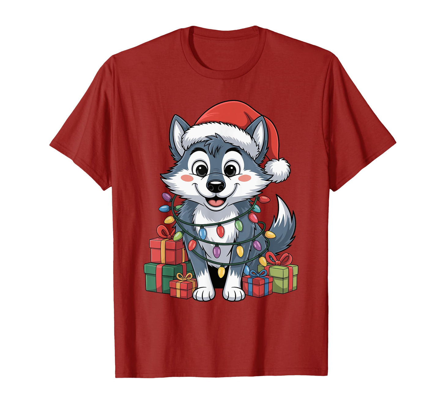 Funny Wolf Santa Hat Animals Lovers Ugly Christmas Pajamas T-Shirt