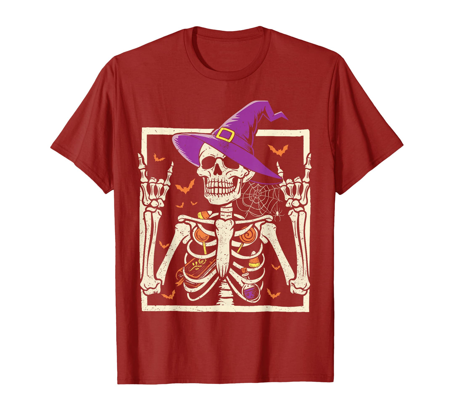 Rocker Skeleton Witch Hat Spooky Cool Design Punk Rock On T-Shirt