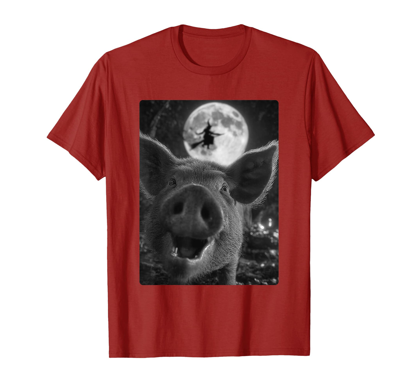 Funny Pig Selfie Full Moon Flying Witch Forest Halloween T-Shirt