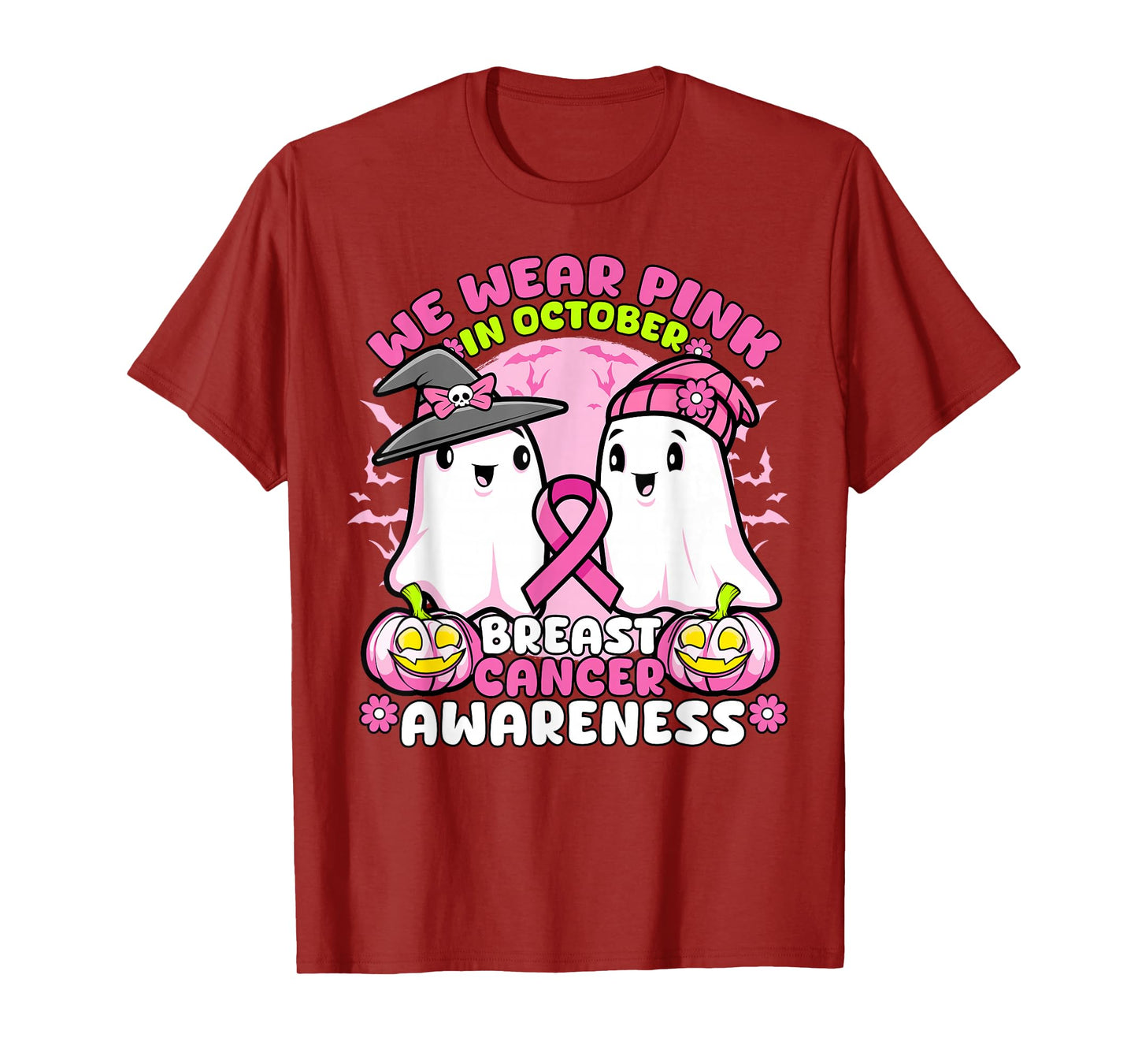 Breast Cancer Halloween Ghost in October We Wear Pink Ribbon T-Shirt