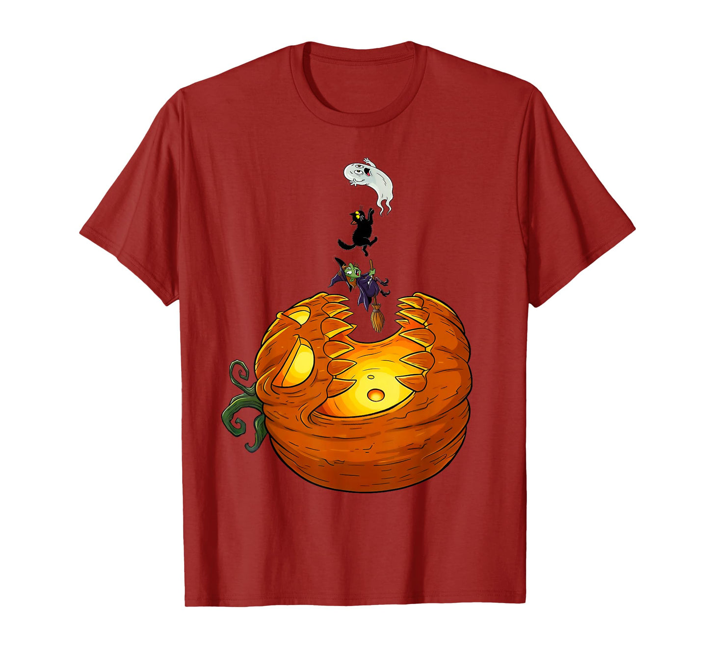 Jack O Pumpkin Chasing A Witch Cat Ghost Vertically Up The T-Shirt