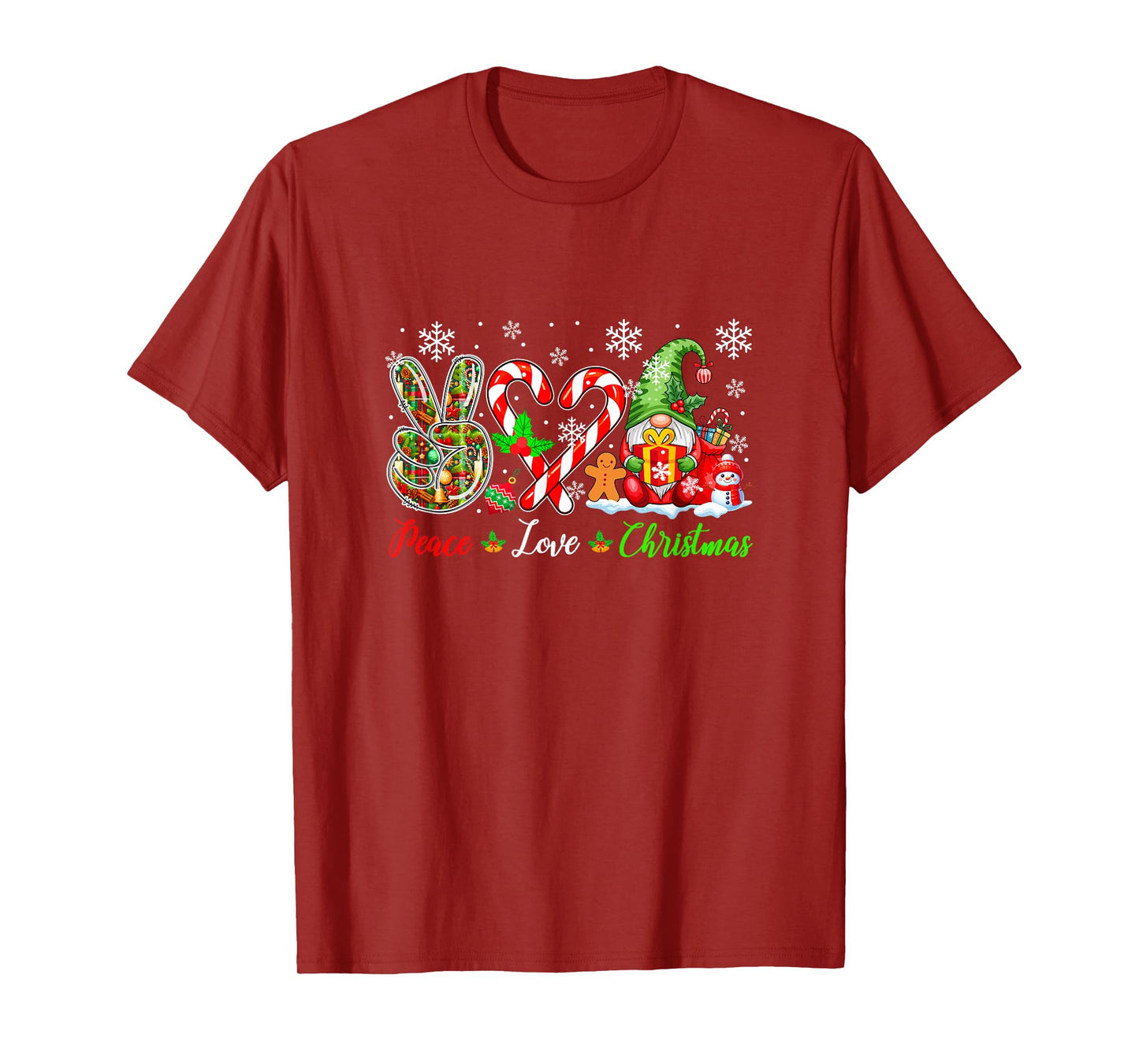 Peace Love Christmas Gnome Candy Canes Cute Heart Shape T-Shirt