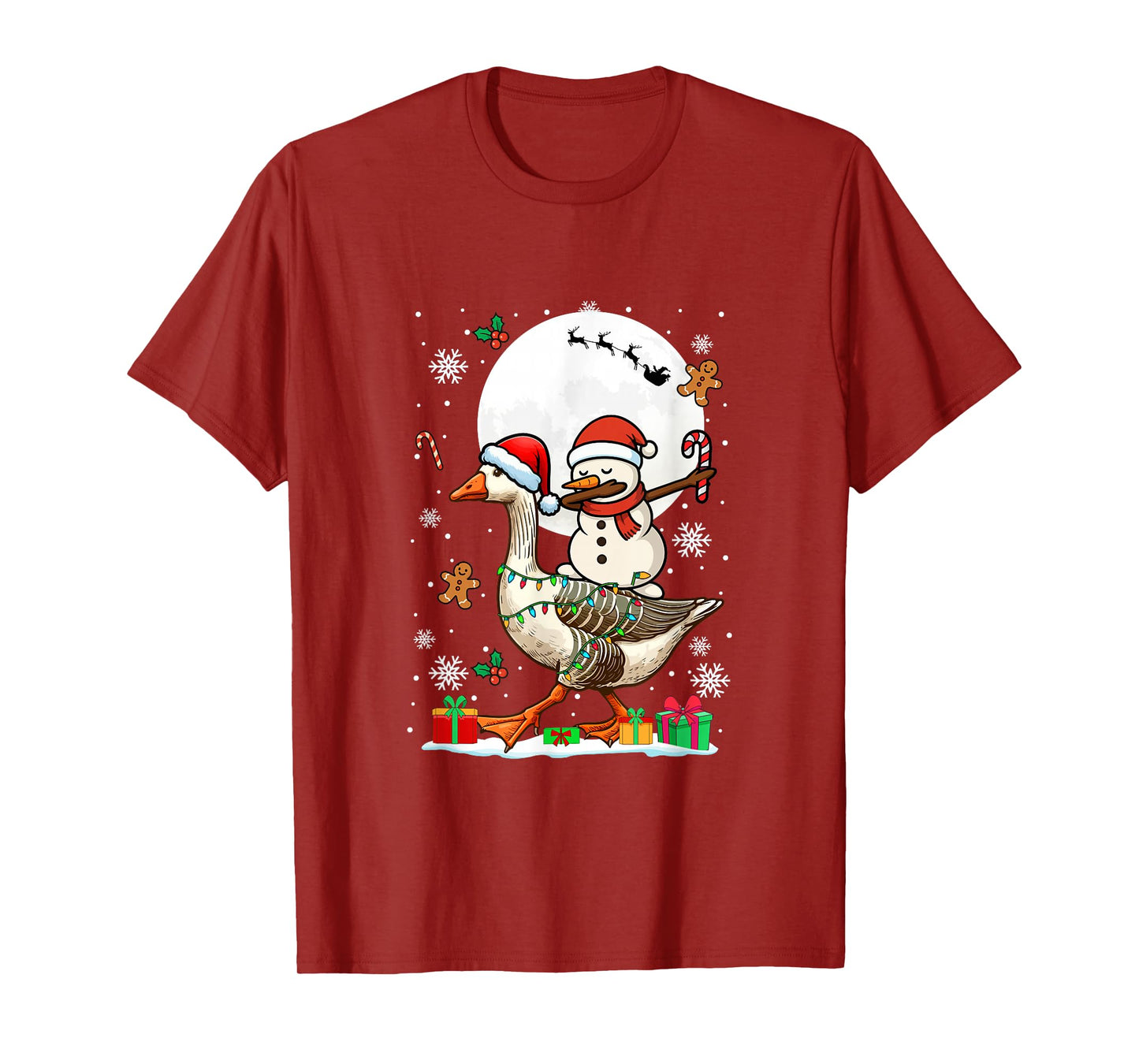 Dabbing Snowman On Goose Christmas Santa Colorful Lights T-Shirt