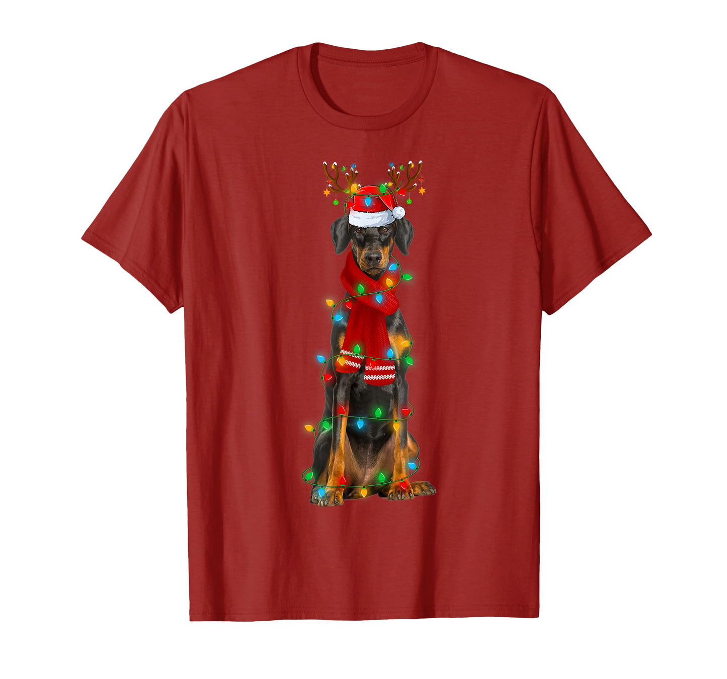 Doberman Pinscher Dog Christmas Lights Santa Hat Xmas T-Shirt