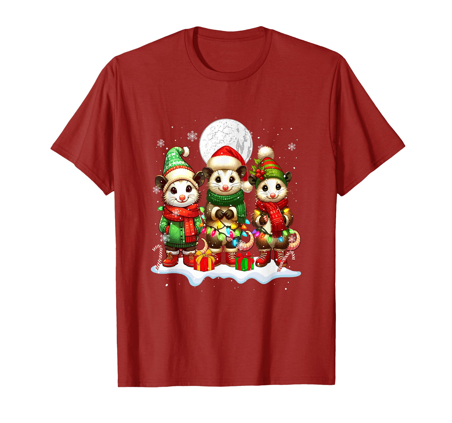 Three Santa Opossums Christmas Snow Colorful Lights Lover T-Shirt