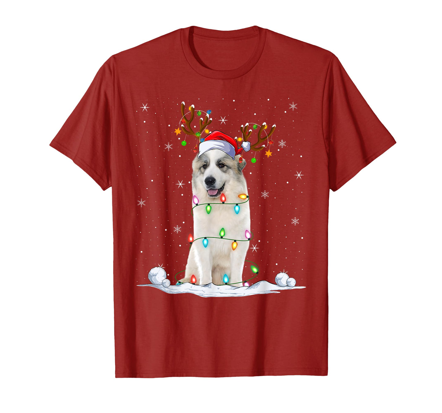 Great Pyrenees Dog Christmas Lights Funny Santa Hat Xmas T-Shirt