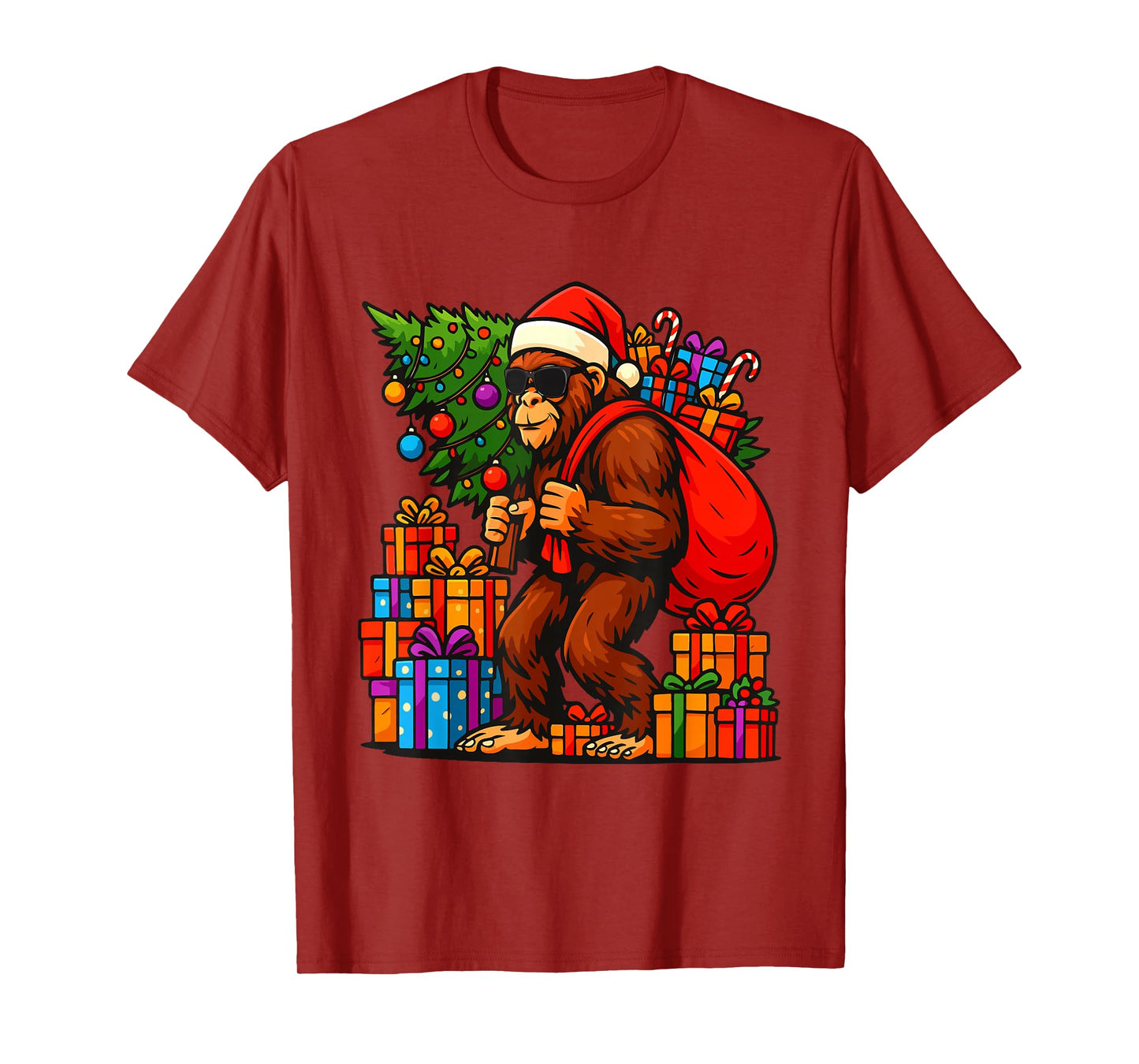 Santa Bigfoot Christmas Tree Lights Xmas Boys Men Sasquatch T-Shirt