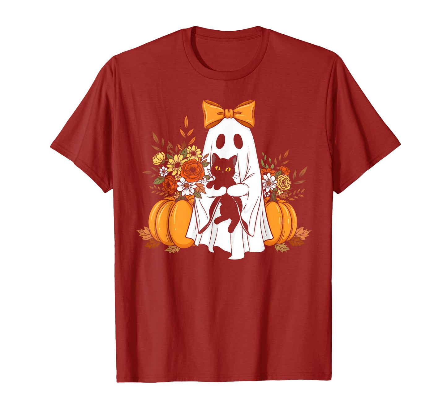 Vintage Halloween Ghost Holding Black Cat Groovy Floral T-Shirt