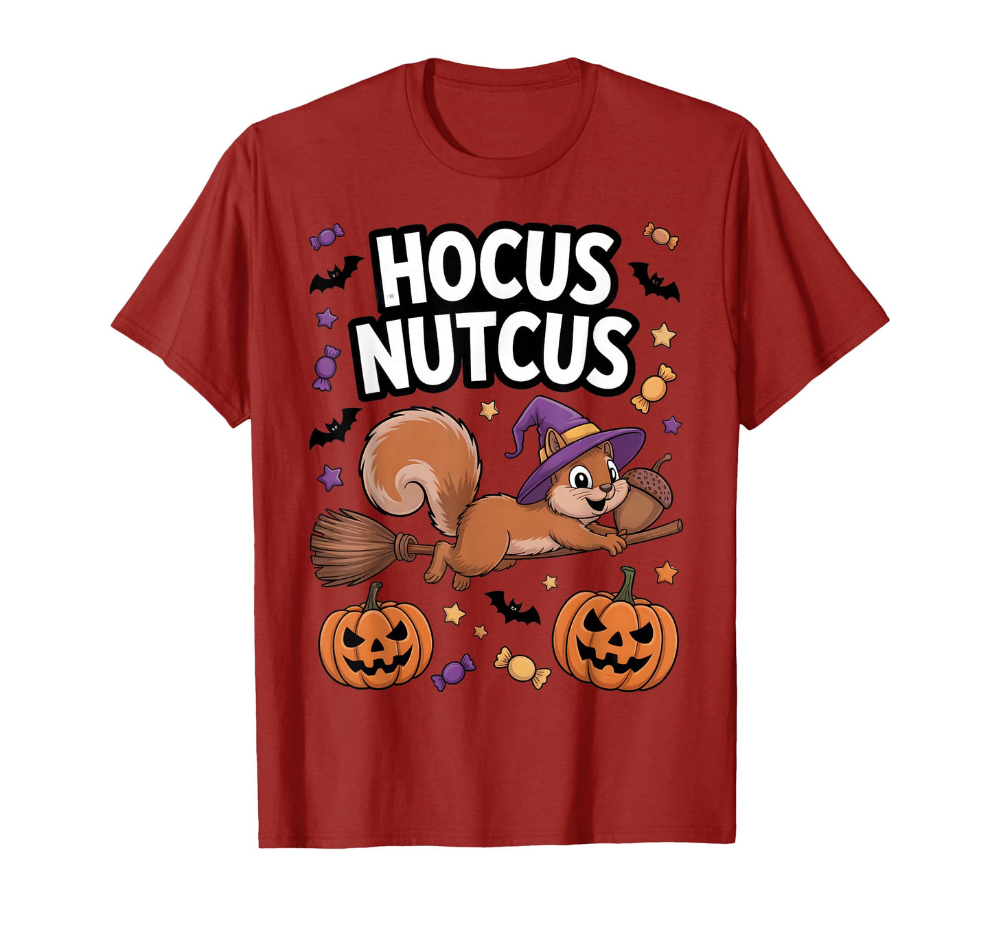 Hocus Nutcus Squirrel Witch Hat Broom Pumpkin Bat Halloween T-Shirt