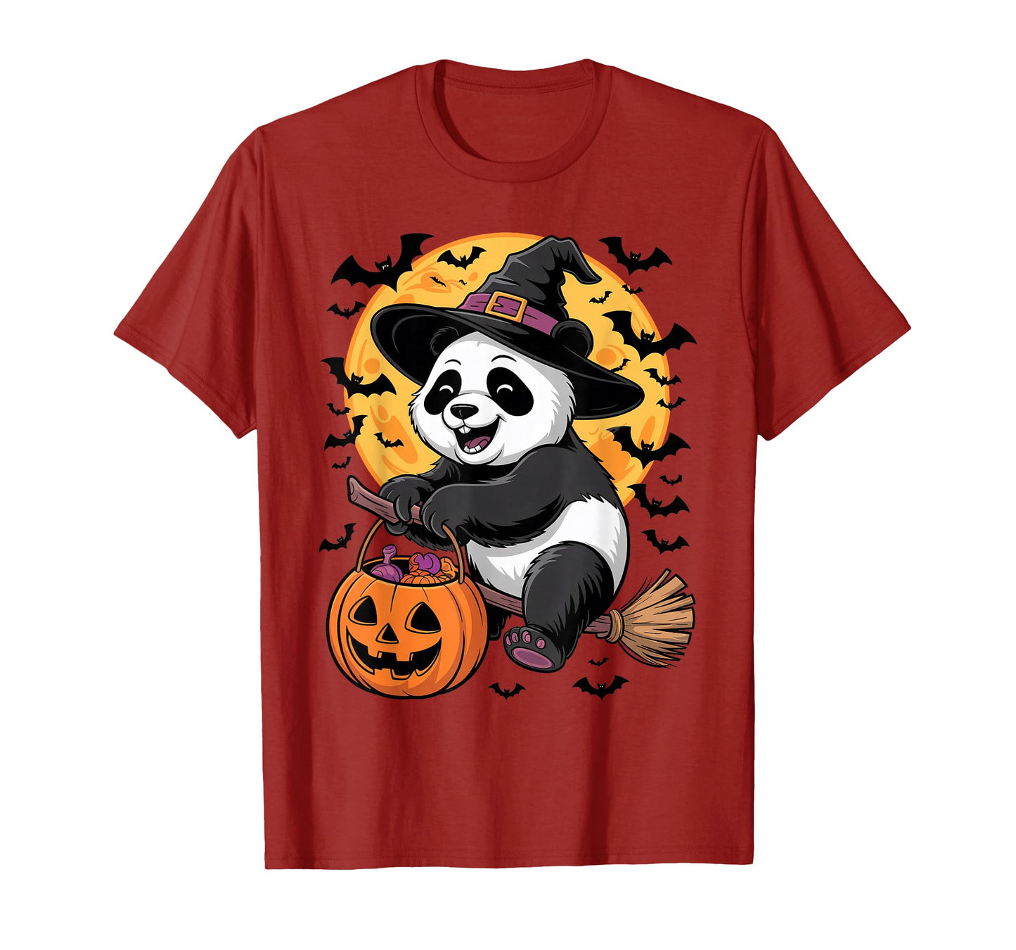Halloween Panda Witch Hat and Broom Pumpkin Candy Bucket T-Shirt