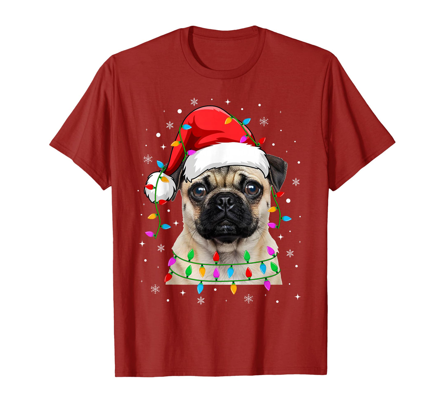 Pug Christmas Lights Santa Hat Pug Dogs Xmas T-Shirt