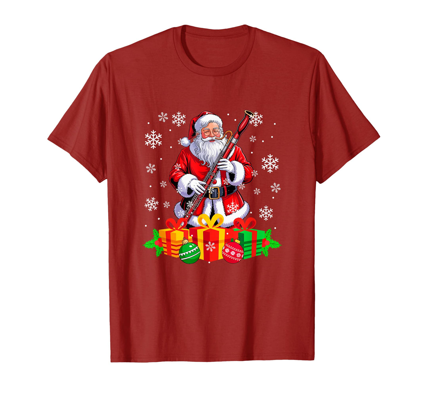 Santa Playing Bassoon Instrument Colorful Christmas Boxes T-Shirt