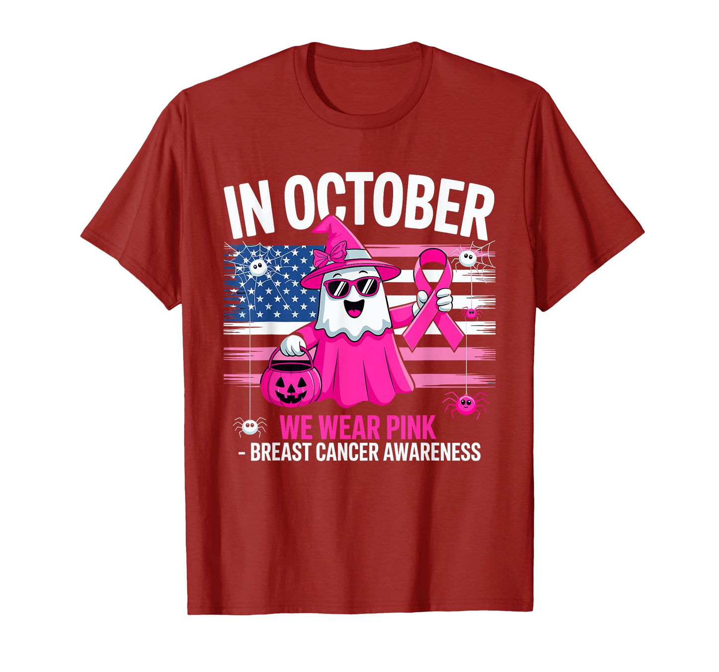 in October We Wear Pink Ghost Witch Breast Cancer Awareness T-Shirt