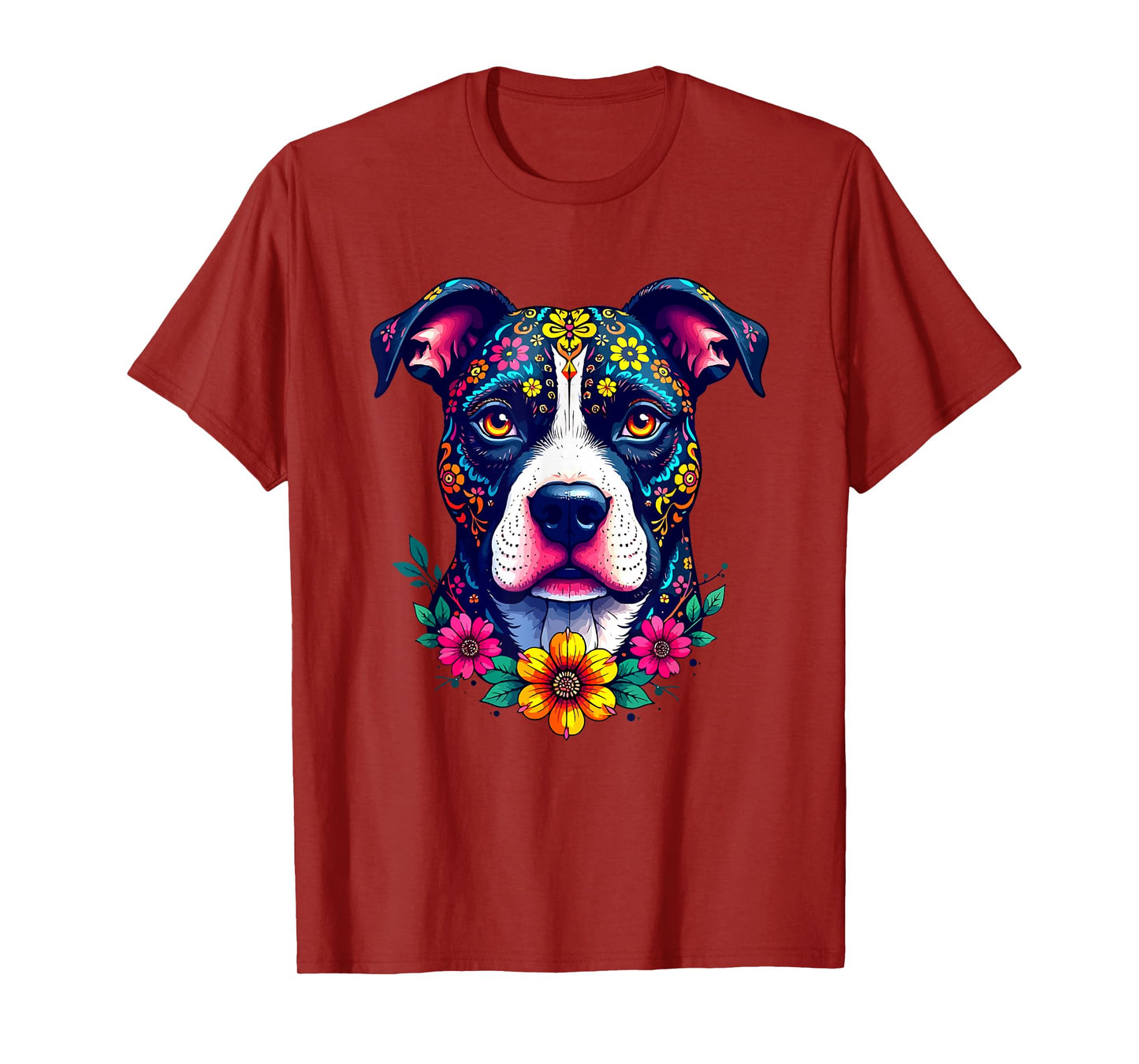 Mexican Sugar Skull Pitbull Dog Dia de Muertos Halloween Day T-Shirt