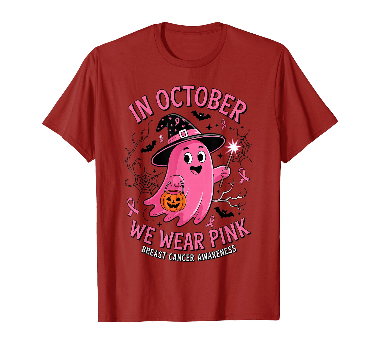 Cute Ghost Witch Pink Ribbon October Breast Cancer Awareness T-Shirt