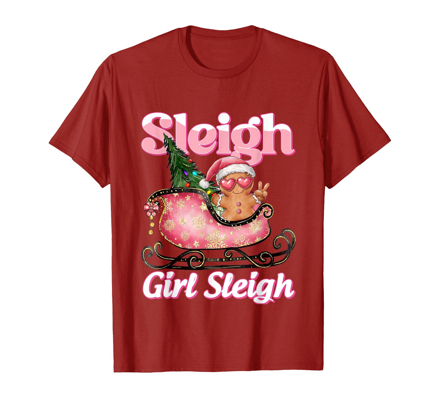 Groovy Pink Christmas Sleigh Girl Gingerbread Holiday Women T-Shirt