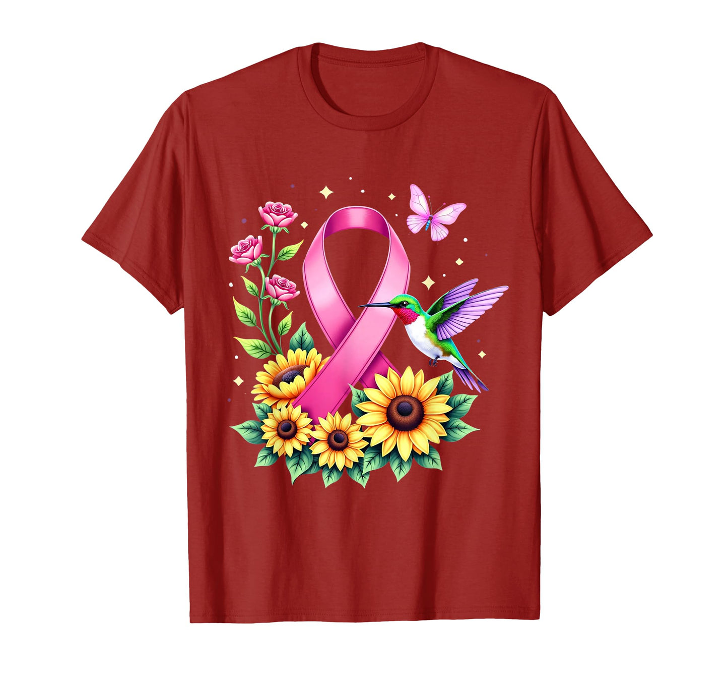 Hummingbird Sunflower Pink Ribbon Breast Cancer Awareness T-Shirt