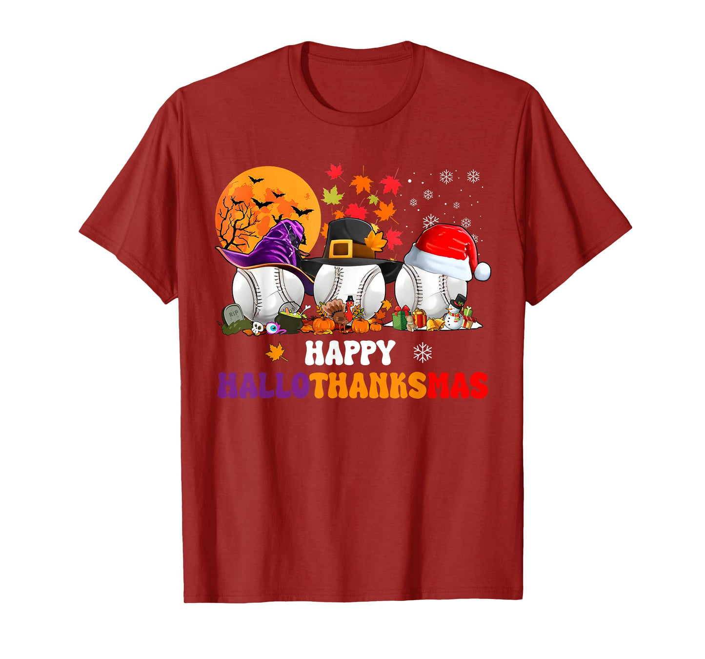 Happy Hallothanksmas Baseball Boys Youth Men Merry Christmas T-Shirt