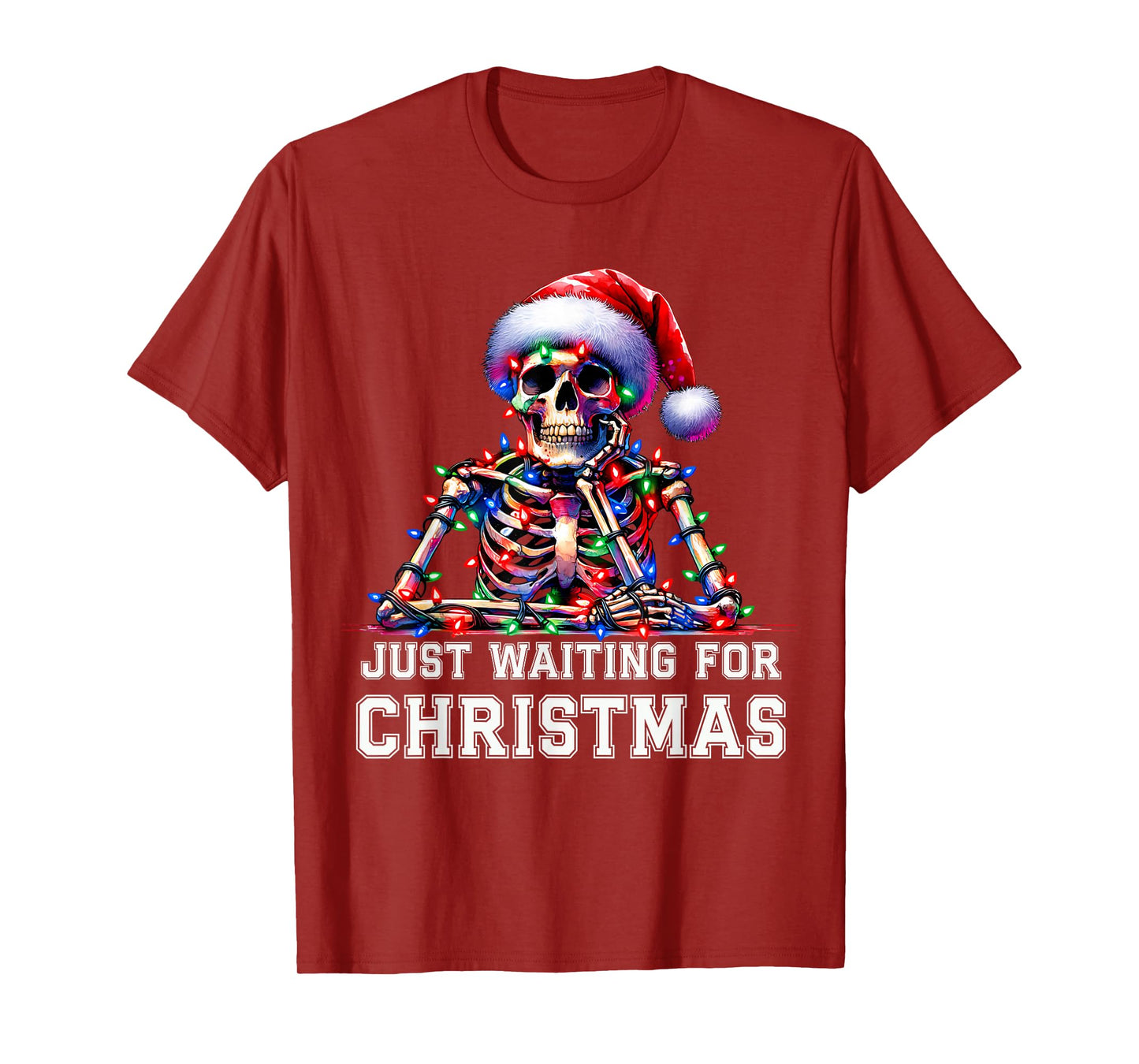 Just Waiting for Christmas Skeleton Santa Hat Xmas Lights T-Shirt