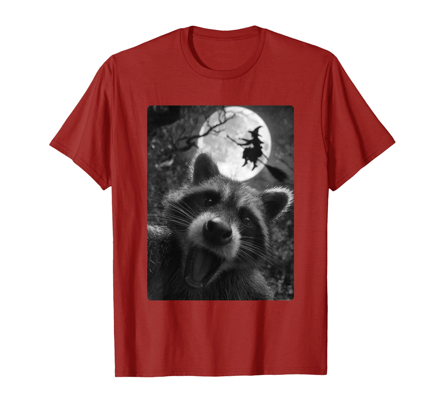 Funny Raccoon Selfie Full Moon Flying Witch Forest Halloween T-Shirt