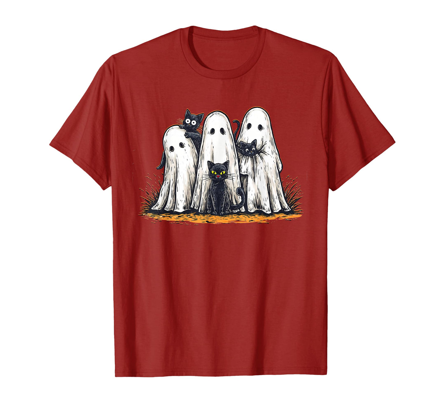 Vintage Halloween Ghost Holding Black Cat Groovy Floral T-Shirt