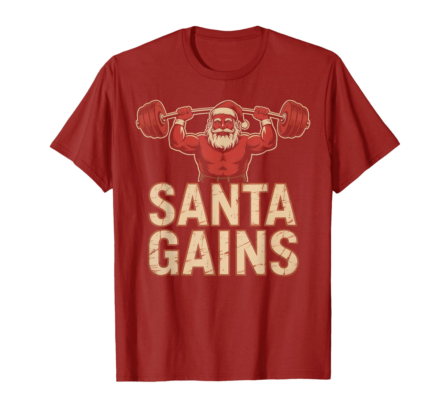 Santa Gains Festive Barbell Lifting Holiday Cheer Slogan T-Shirt