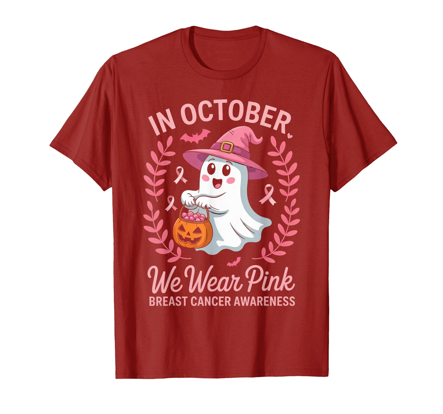 in October We Wear Pink Ghost Witch Breast Cancer Awareness T-Shirt