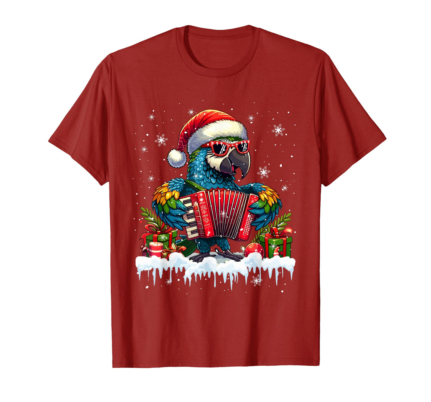 Santa Macaw Playing Accordion Christmas Funny Instrument T-Shirt
