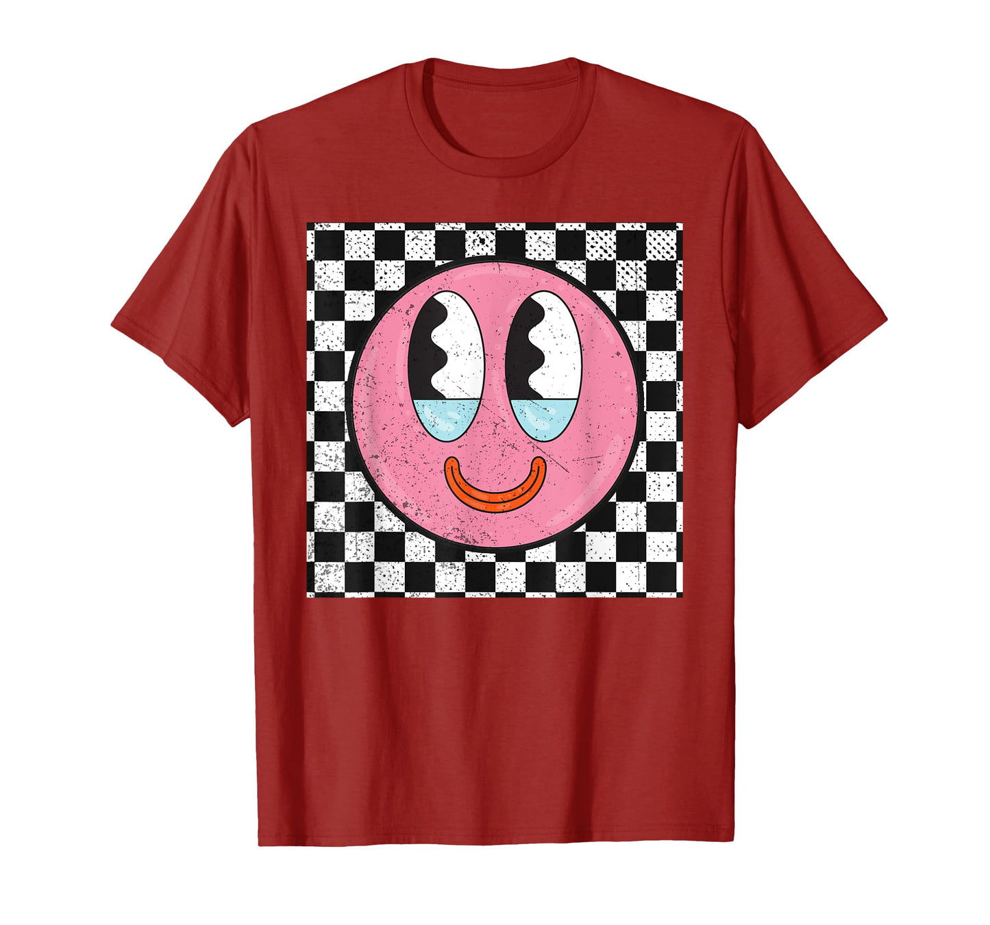 Retro Happy Face Checkered Pattern Smile Face T-Shirt
