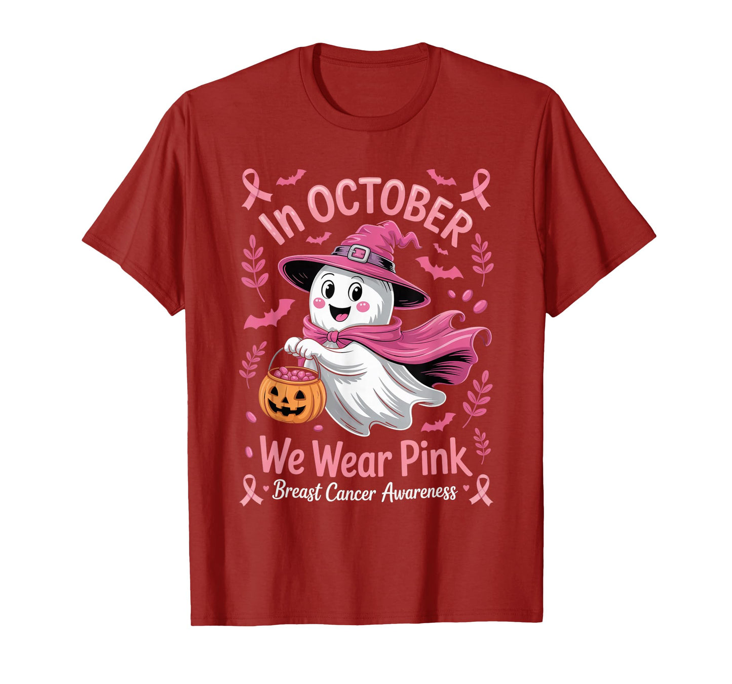 Pink Ghost Halloween Breast Cancer Awareness October Funny T-Shirt