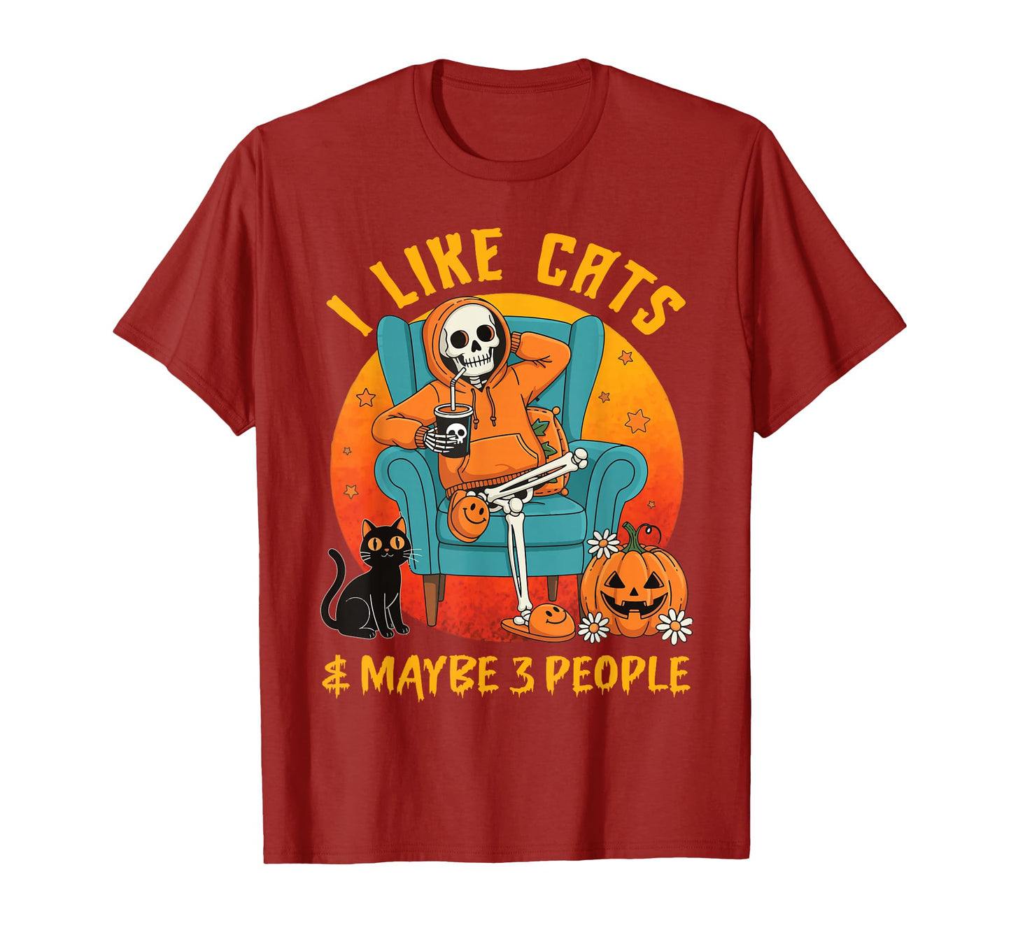 I Like Cats & Maybe 3 People, Skeleton Cat Halloween Pumpkin T-Shirt
