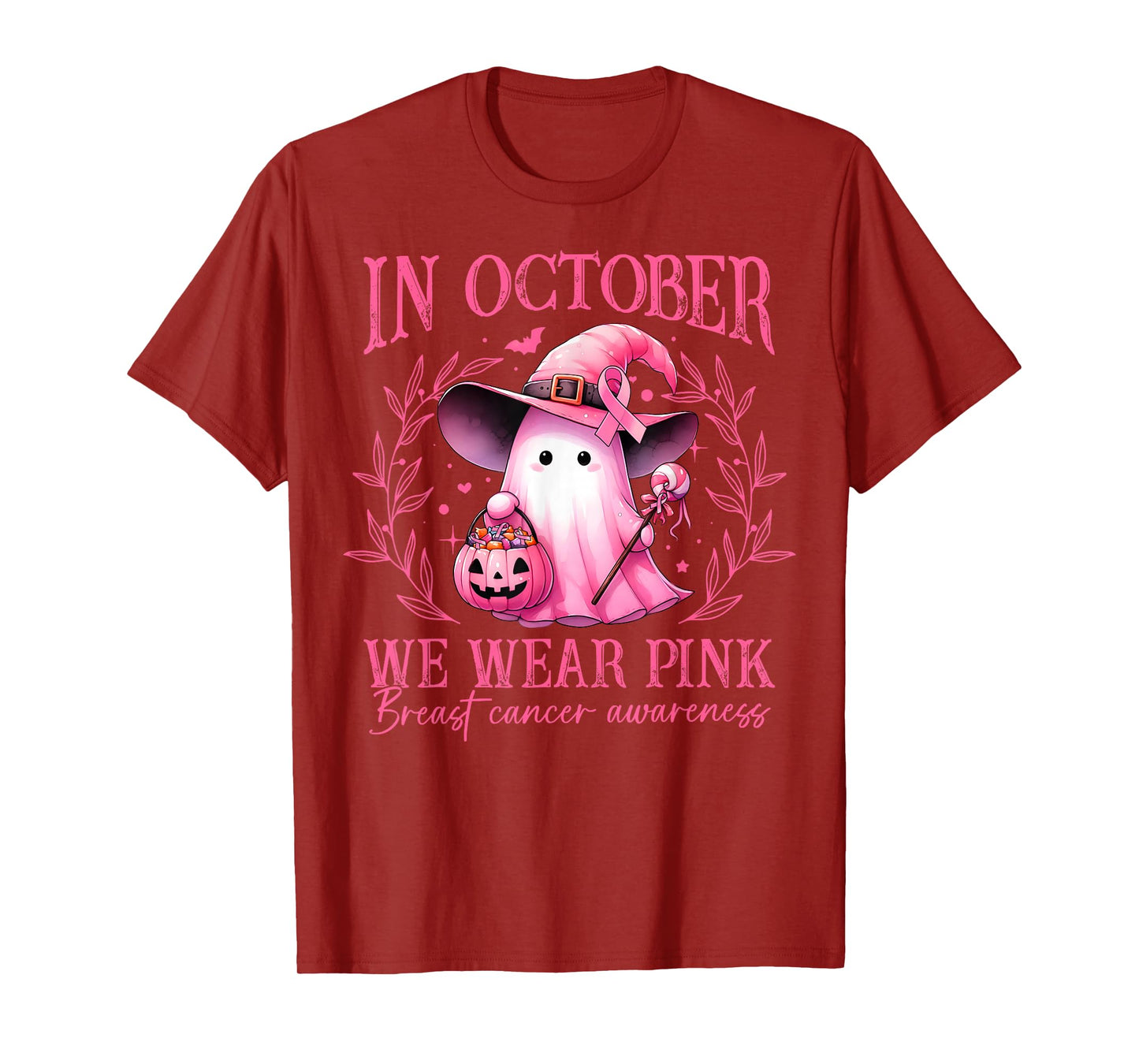 in October We Wear Pink Ghost Breast Cancer Awareness T-Shirt