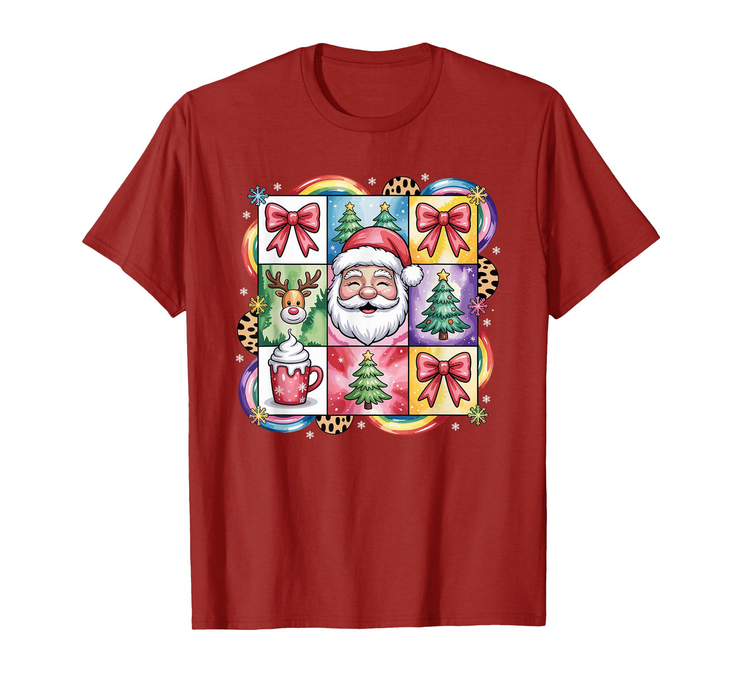 Colorful Patchwork Christmas Santa Reindeer Cocoa T-Shirt