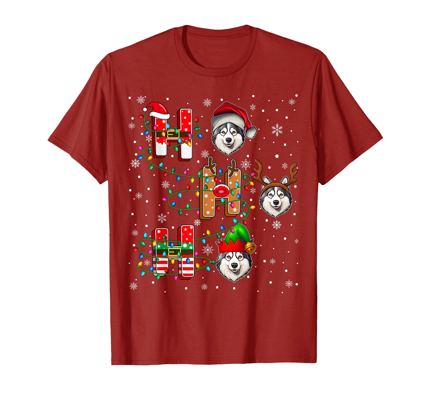 Ho Ho Ho Santa Reindeer Hat Elf Alaskan Malamute Dog Xmas T-Shirt
