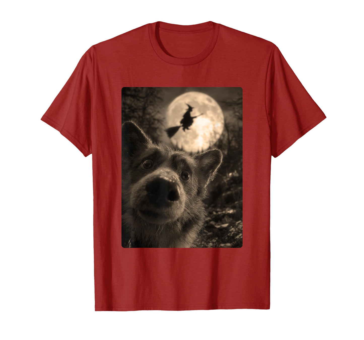 Funny Corgi Selfie with Full Moon Flying Witch Halloween Dog T-Shirt