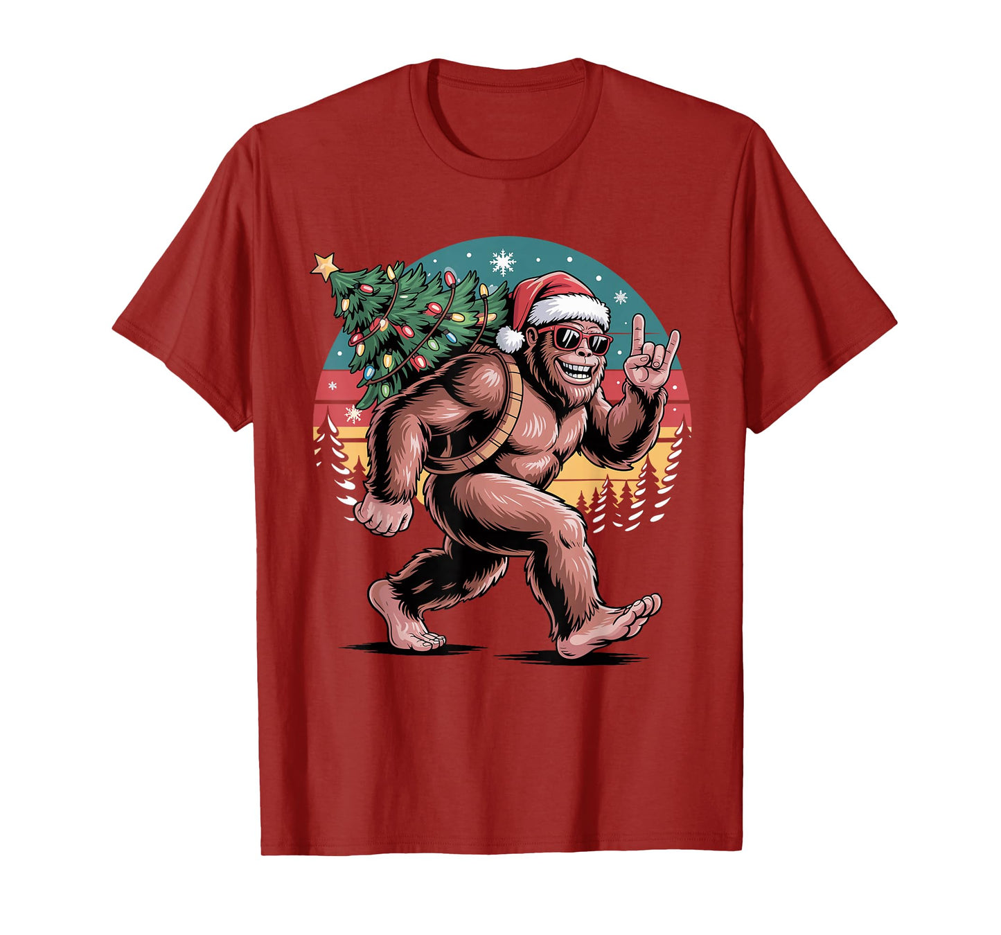 Retro Santa Bigfoot Christmas Cool Sasquatch Xmas Lights T-Shirt