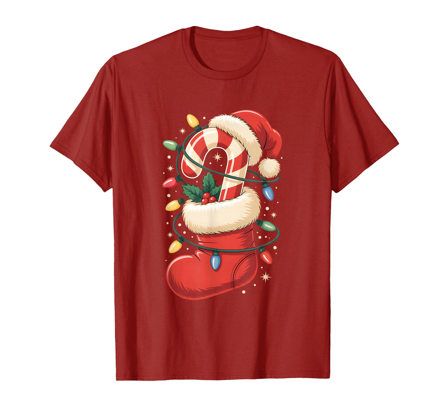 Candy Cane Lights Christmas Stocking Santa Hat Holiday T-Shirt